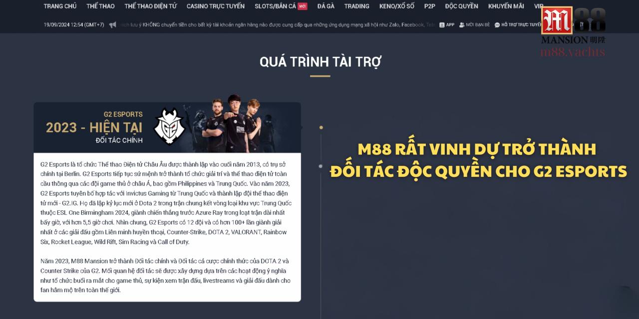 M88 rất vinh dự trở thành đối tác độc quyền cho G2 Esports